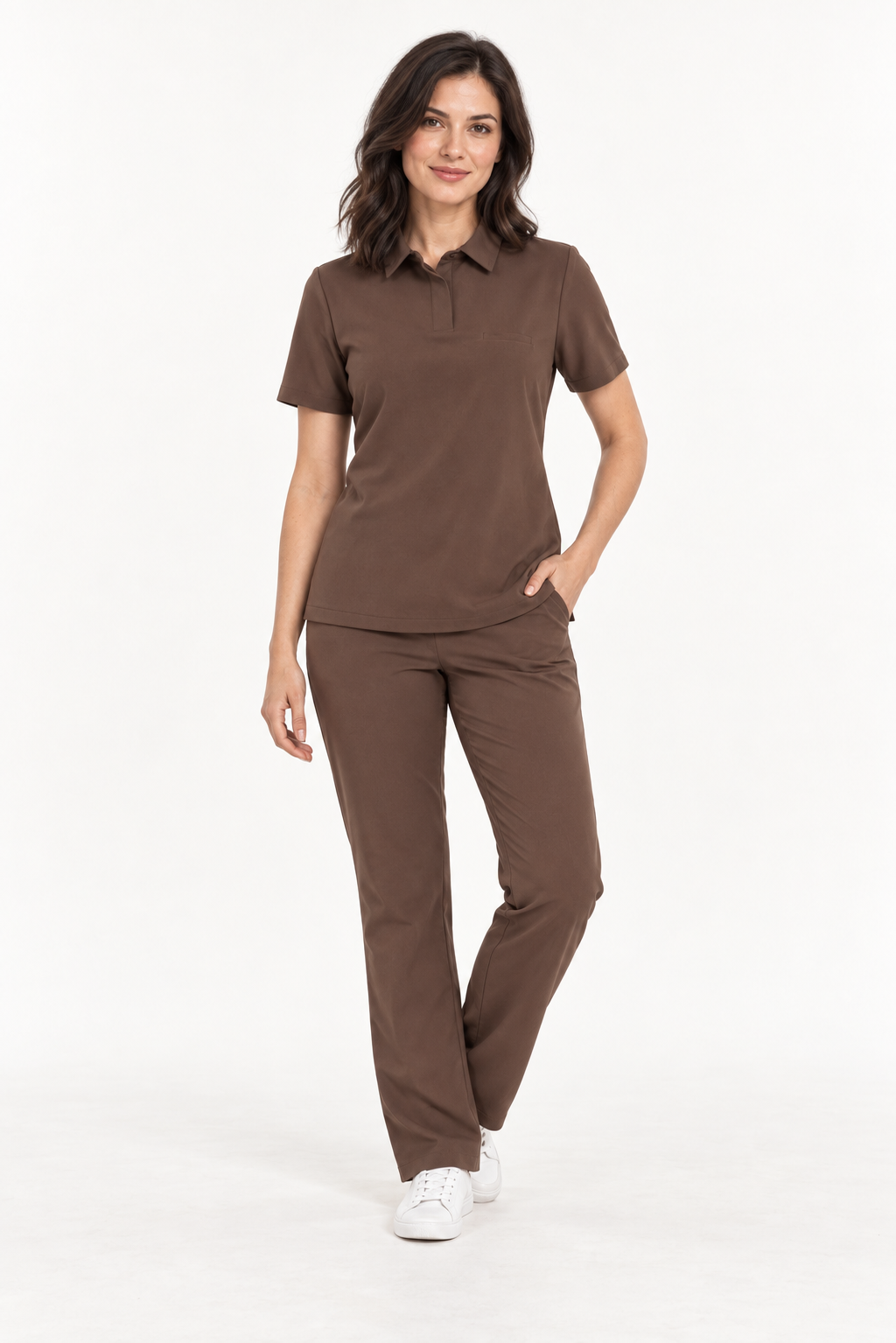 女款 Polo 领医护上衣 Tara,浓缩咖啡色,正面